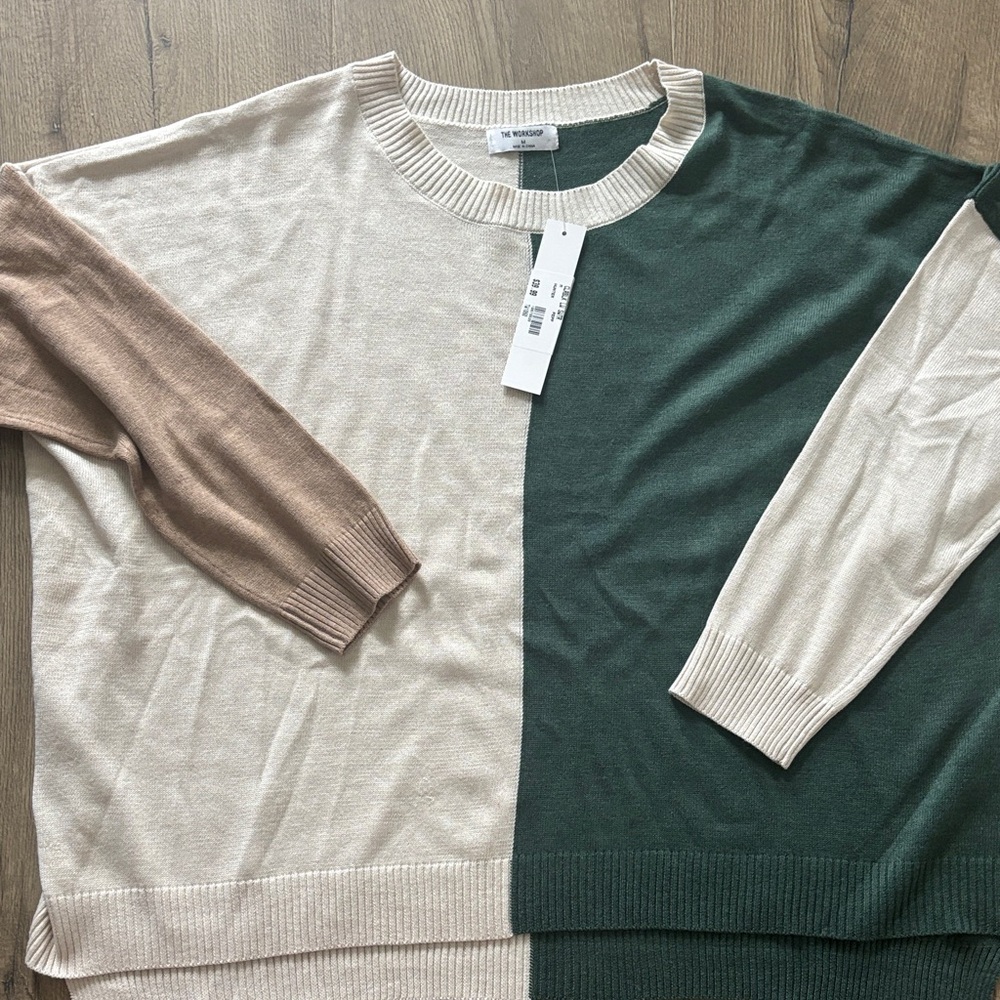 Workshop Republic Clothing Colorblock Crewneck Sweater in Cream, Green, and Tan